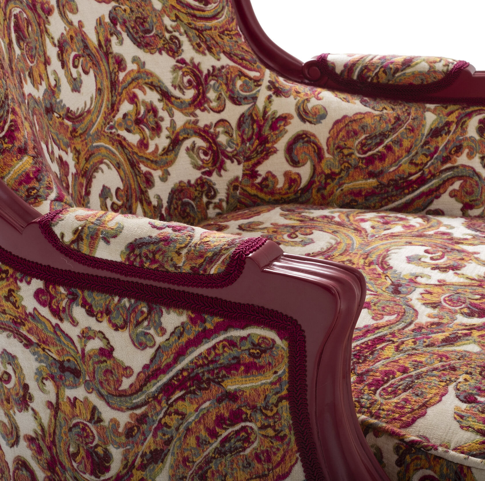Elegant classic upholstered sofa with intricate floral tapestry fabric and dark wooden carved frame, perfect for vintage and traditional home décor.