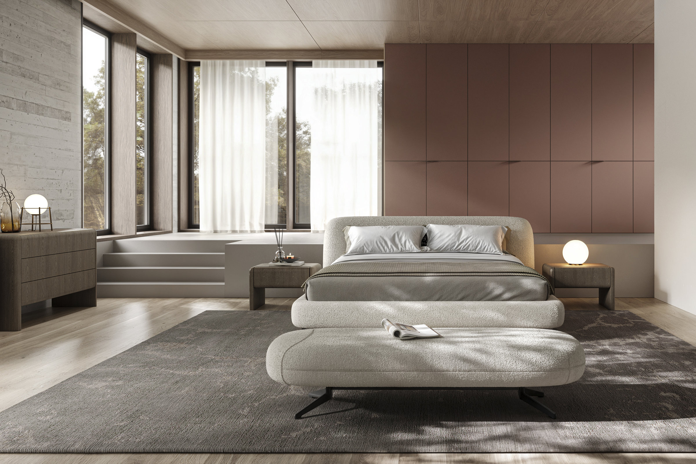 Luxury modern bedroom with neutral tones, comfortable upholstered bed, minimalist nightstands, warm lighting, large windows with curtains, contemporary decor, designed by Saloni Furniture.
