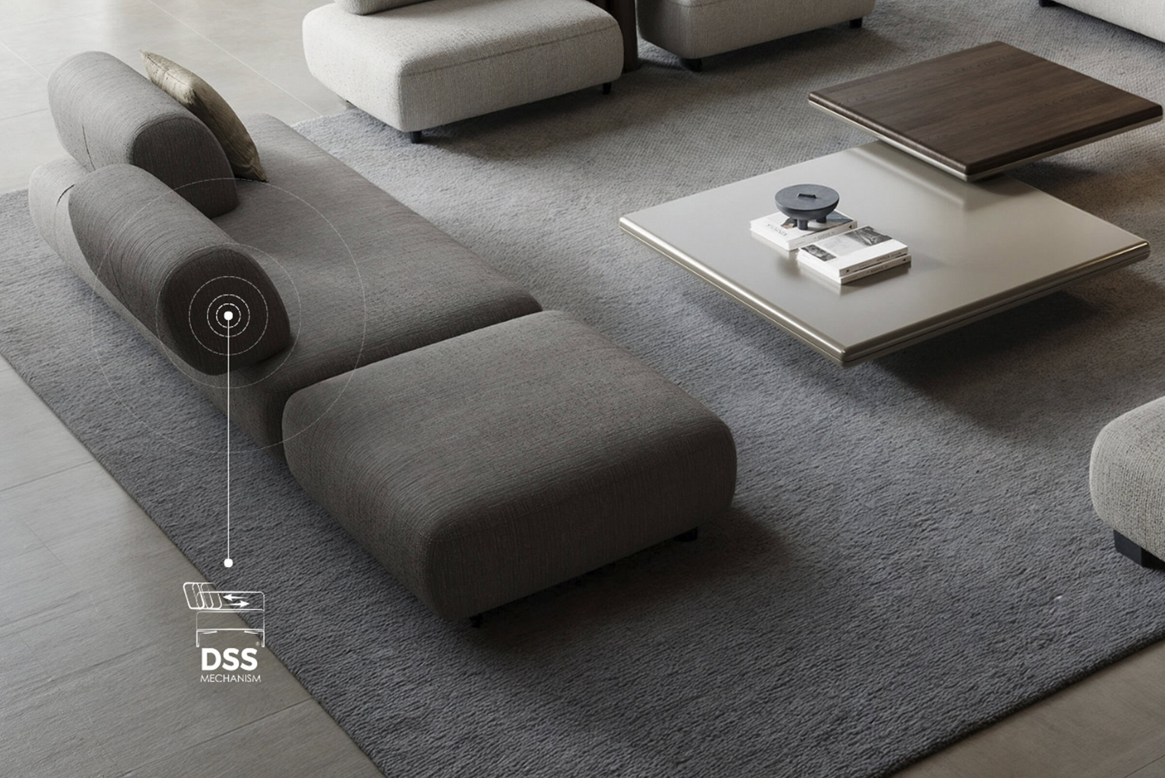 Luxurious modern grey sectional sofa with ottomans, featuring adjustable headrests and soft fabric upholstery in a contemporary living room setting.