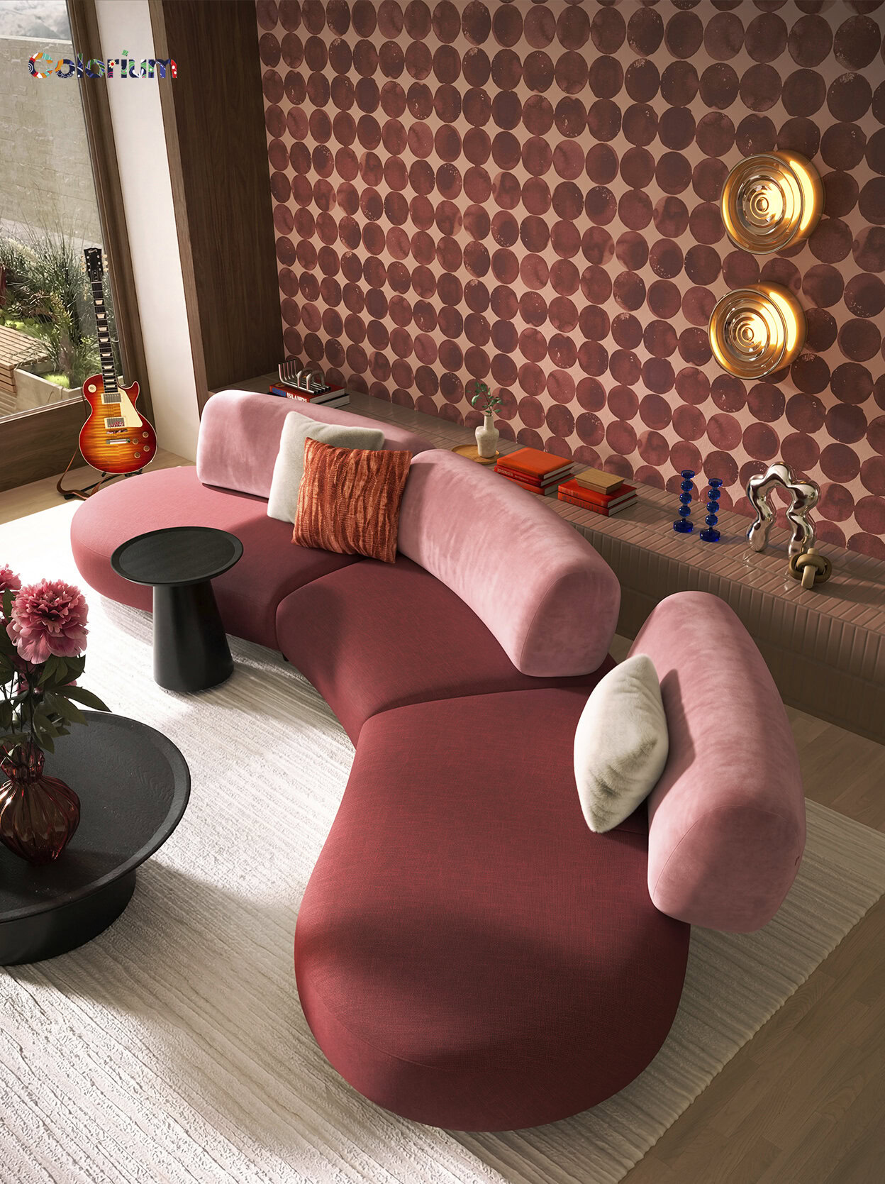 Elegant pink curved sofa with plush cushions, perfect for contemporary living spaces and social gatherings. Features a unique design with comfortable seating and decorative pillows.
