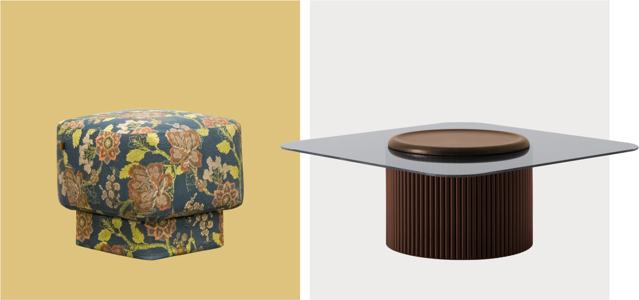 Ottoman with floral upholstery and contemporary round coffee table for elegant living room decor.