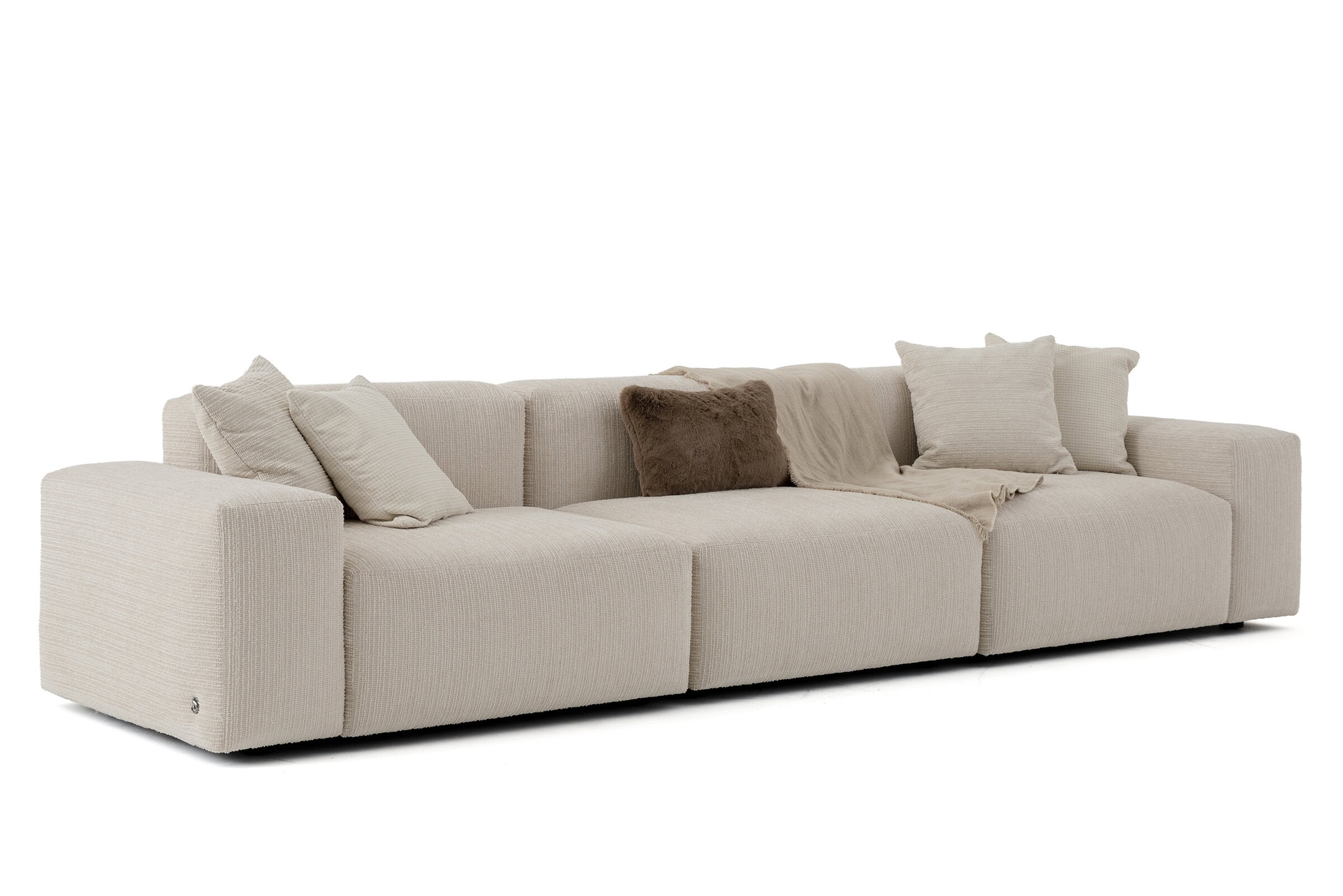 Modern beige fabric sofa with plush cushions, perfect for contemporary living room decor. Comfortable, stylish, and durable for everyday use.