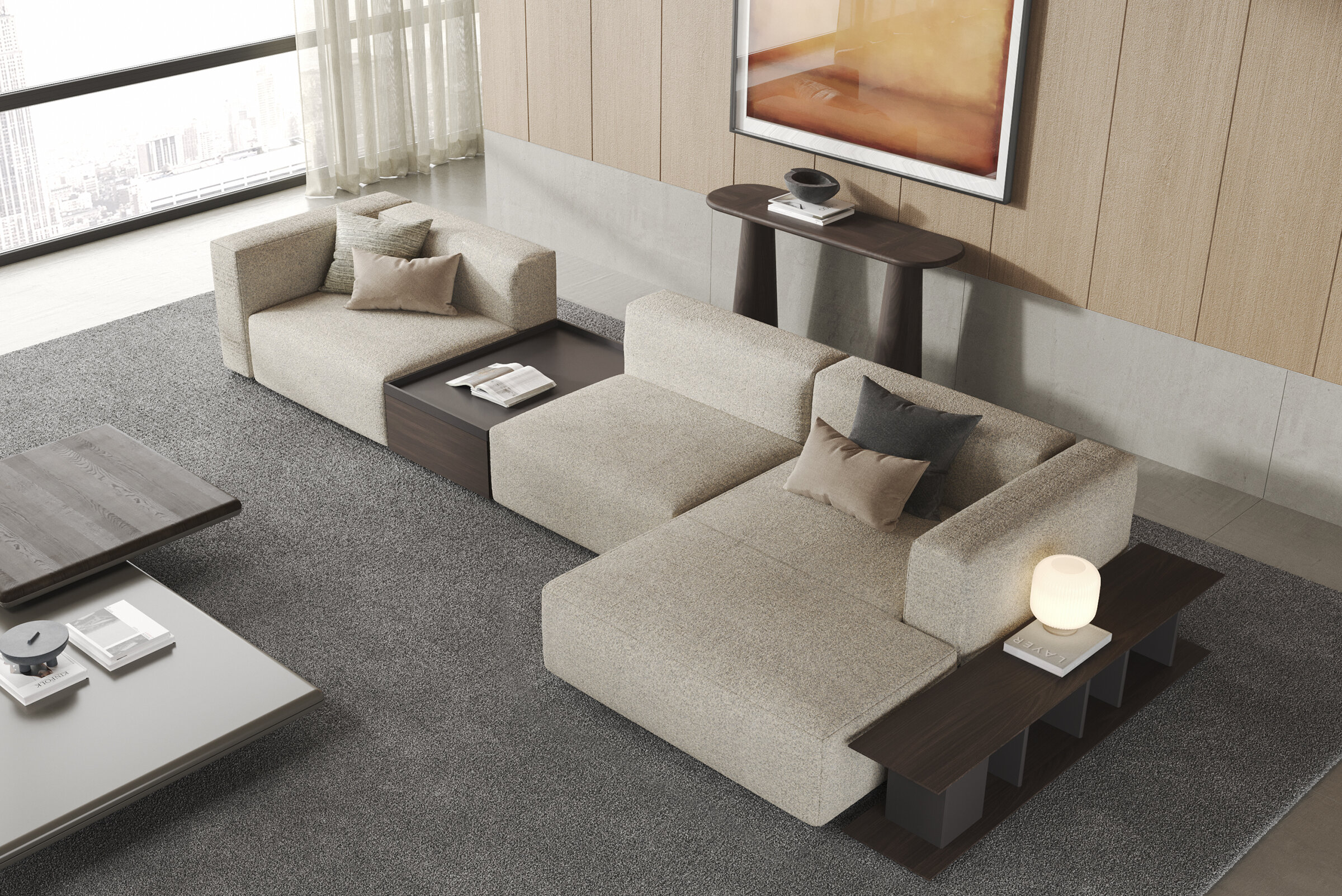 Contemporary modular sofa set in a stylish living room with neutral tones, perfect for modern home interiors.