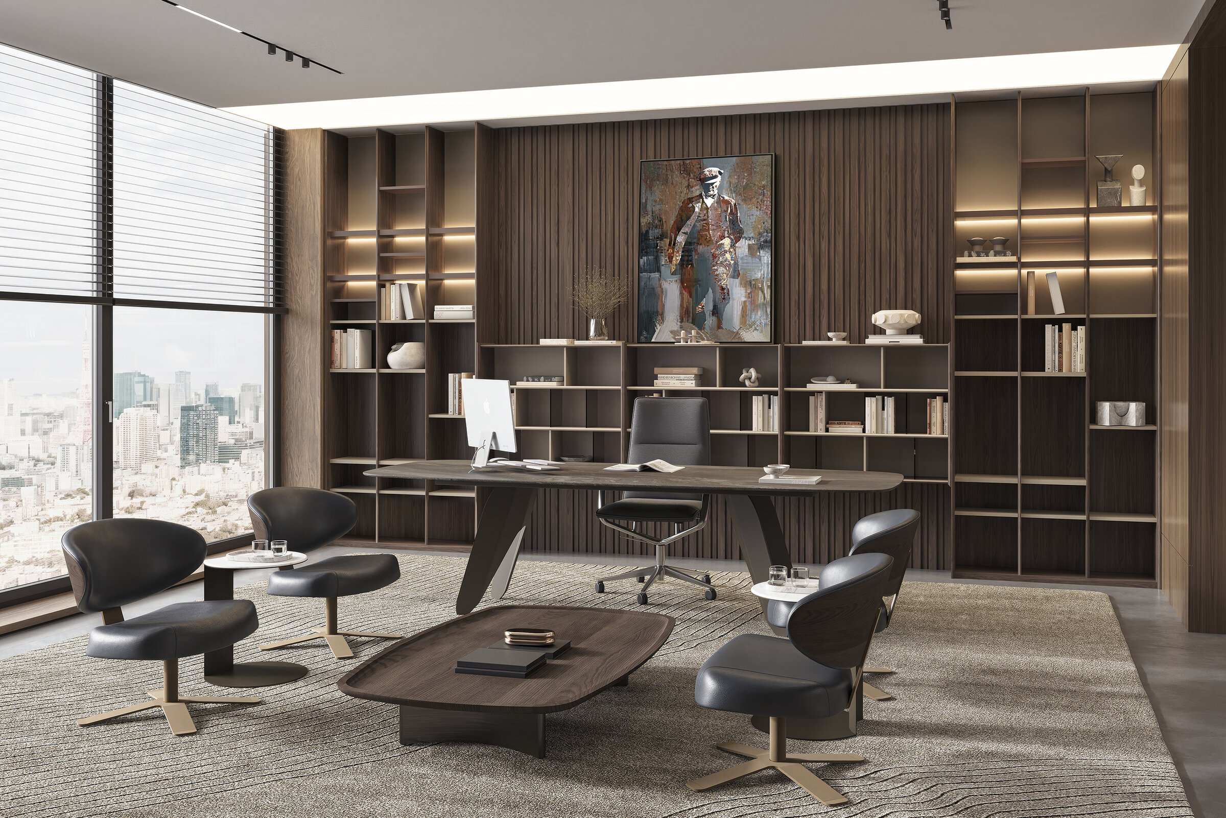 Elegant modern office with dark wood furniture, large windows, and stylish seating, perfect for professional workspaces.