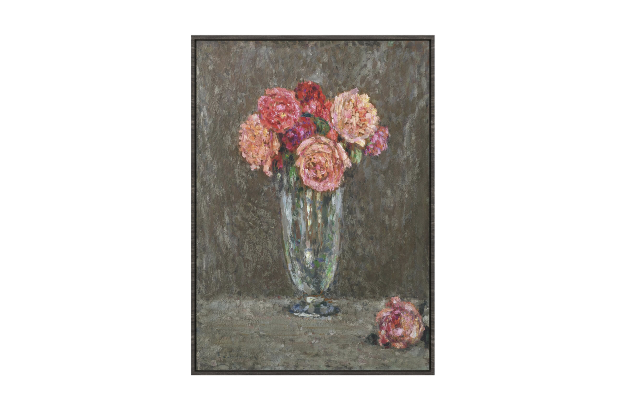 Classic still life painting of a pink peony flower bouquet in a glass vase, with a single flower on the table, showcasing floral art and home decor.
