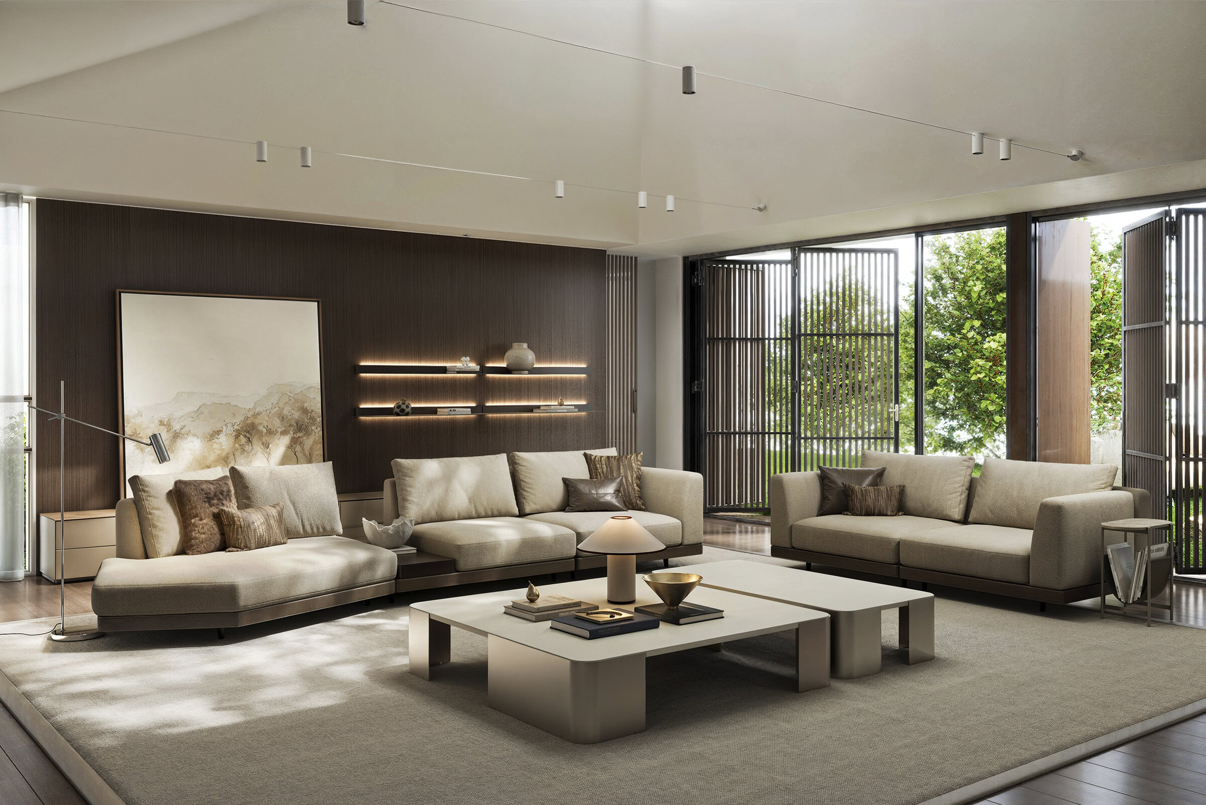 Elegant modern living room with beige sofas, contemporary coffee table, and stylish decor, perfect for a sophisticated home interior.