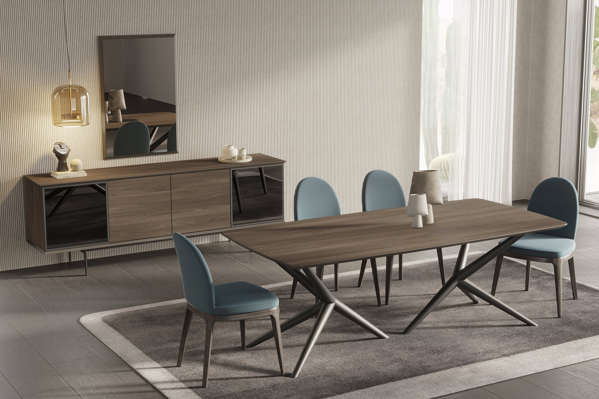 Modern wooden dining table with blue upholstered chairs in a contemporary dining room setting.
