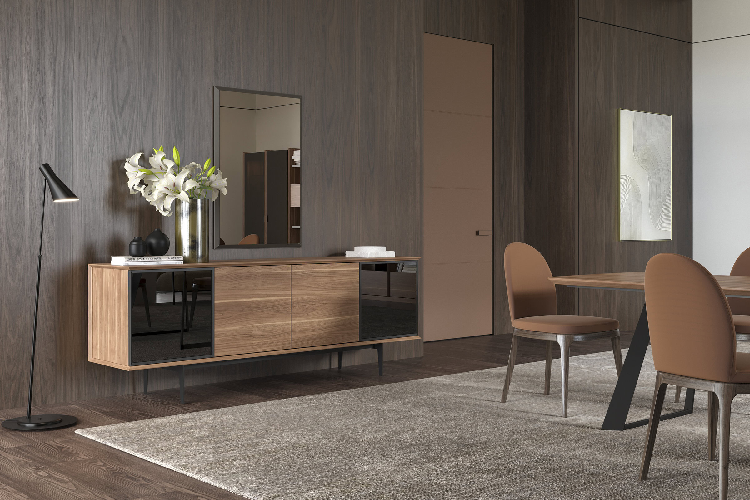 Sleek wooden sideboard with black accents in a modern dining room setting, complemented by elegant chairs and decorative items, showcasing contemporary furniture design.