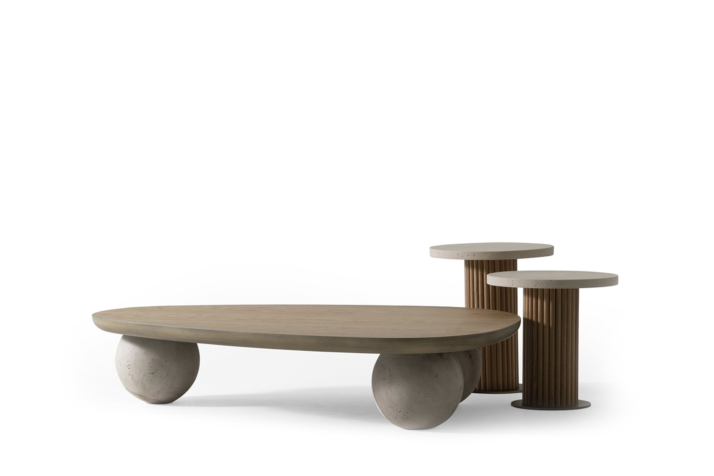 Minimalist wooden coffee tables with spherical bases and round tabletops, showcasing contemporary design and natural wood finishes for modern living spaces.