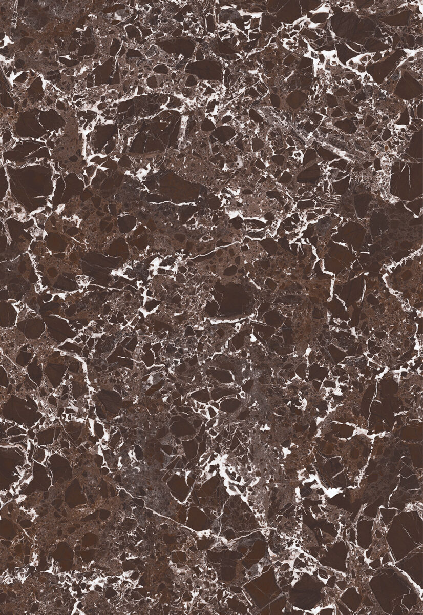 A close-up view of a polished brown marble surface showcasing intricate white veining, ideal for luxurious furniture, countertops, and interior design accents.