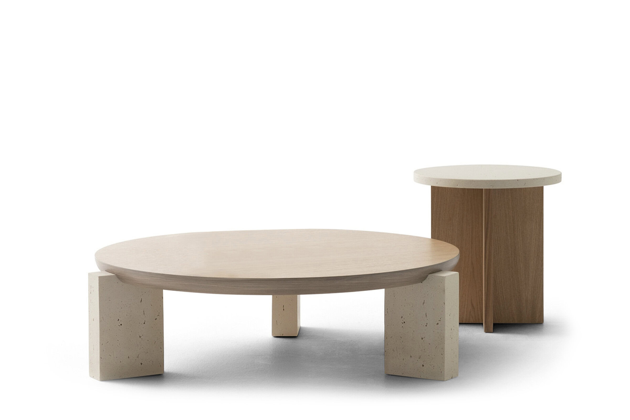 Minimalist wooden coffee table and side table set with modern design, crafted from natural wood and concrete, perfect for contemporary living room decor.