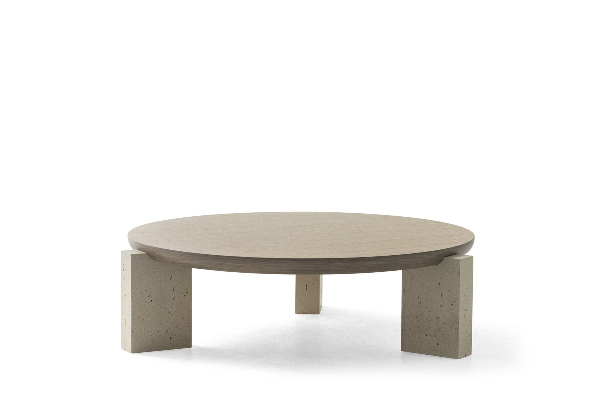Sleek modern coffee table with a round wooden top and concrete block legs, stylish and durable furniture piece for contemporary living rooms.