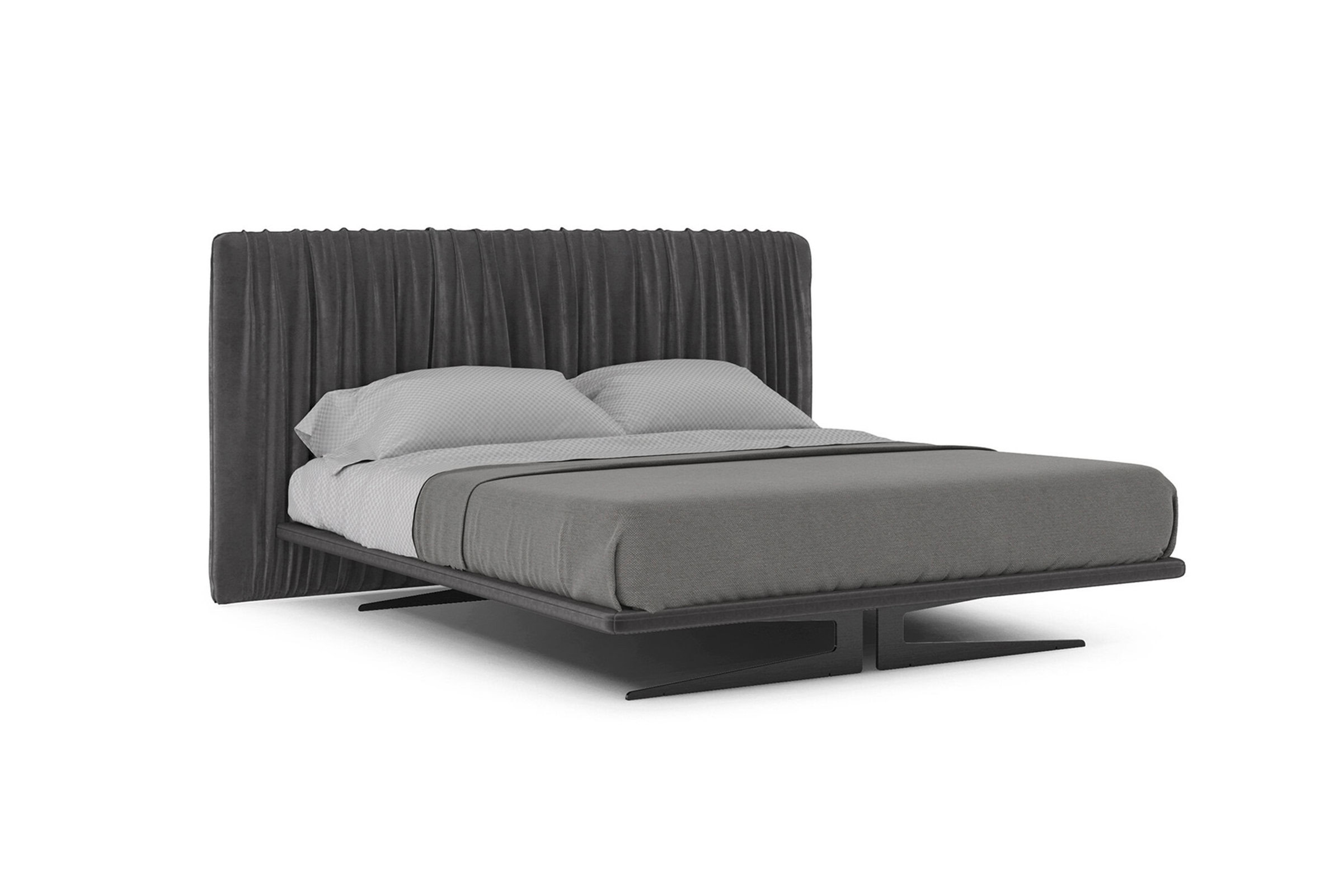 Luxurious moderne grey upholstered fabric bed with high padded headboard and sleek metal base, perfect for stylish bedrooms and contemporary home decor.