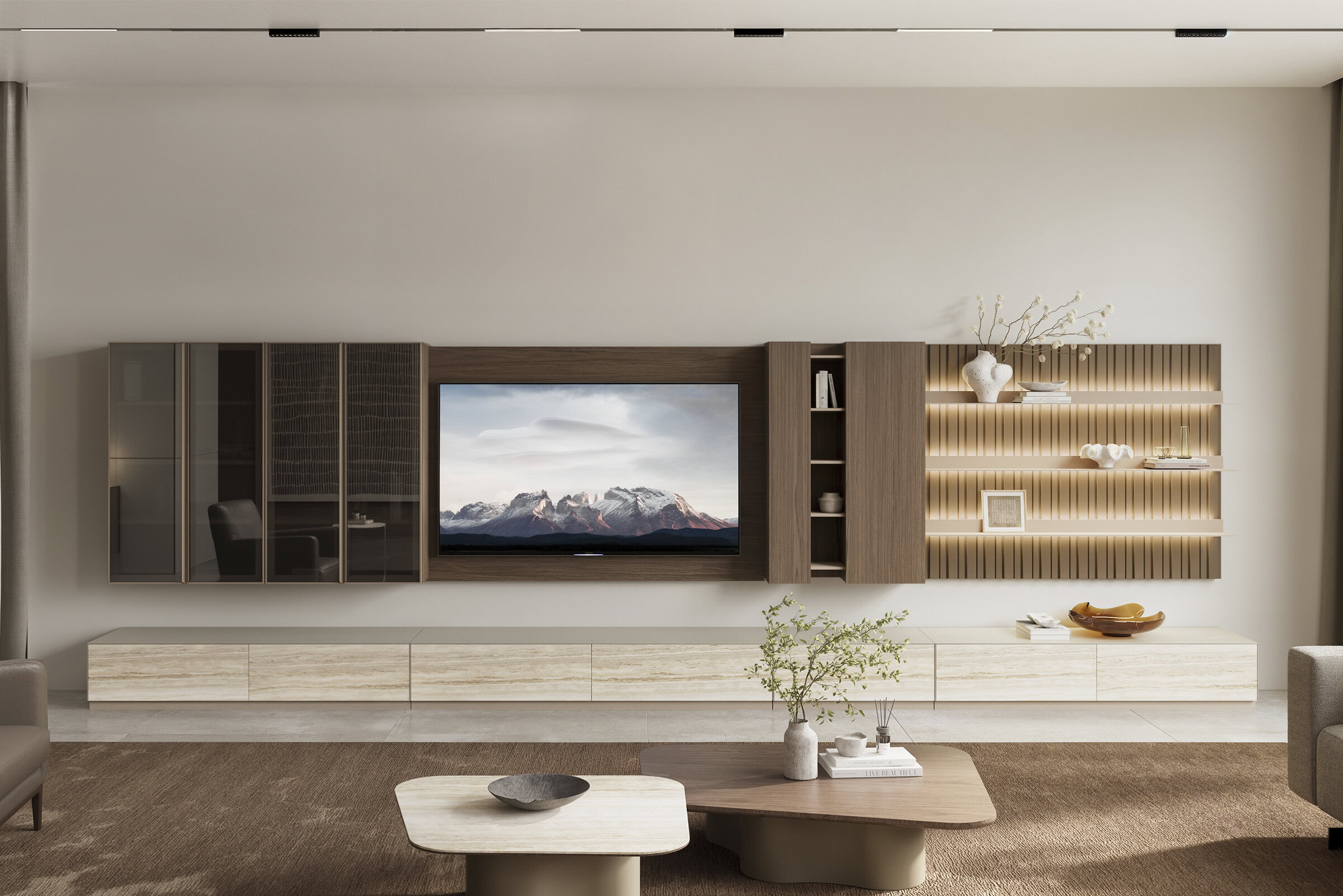Elegant modern wall unit with integrated TV and open shelving for stylish storage solutions. Perfect for contemporary living rooms, combining functionality with sleek design.