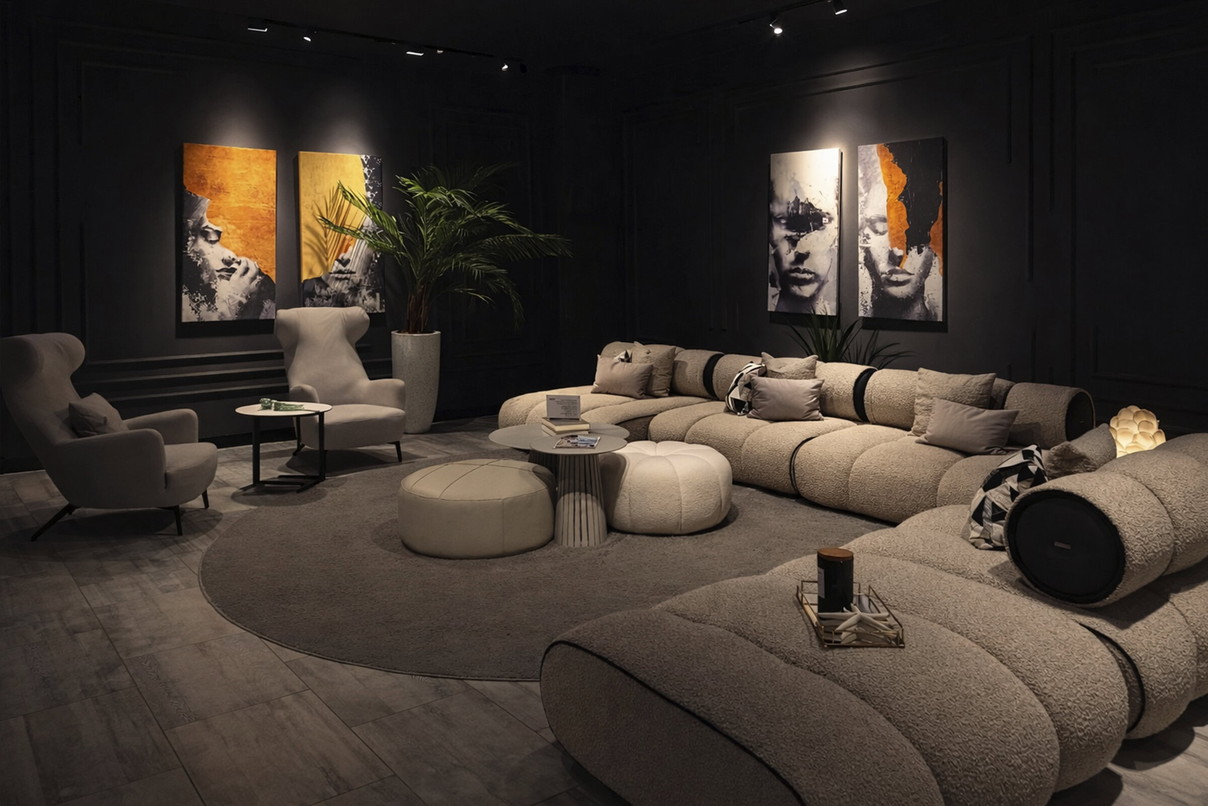Elegant modern living room featuring Saloni Furniture's plush sofas, armchairs, and stylish decor, creating a cozy and sophisticated space for relaxation and socializing.