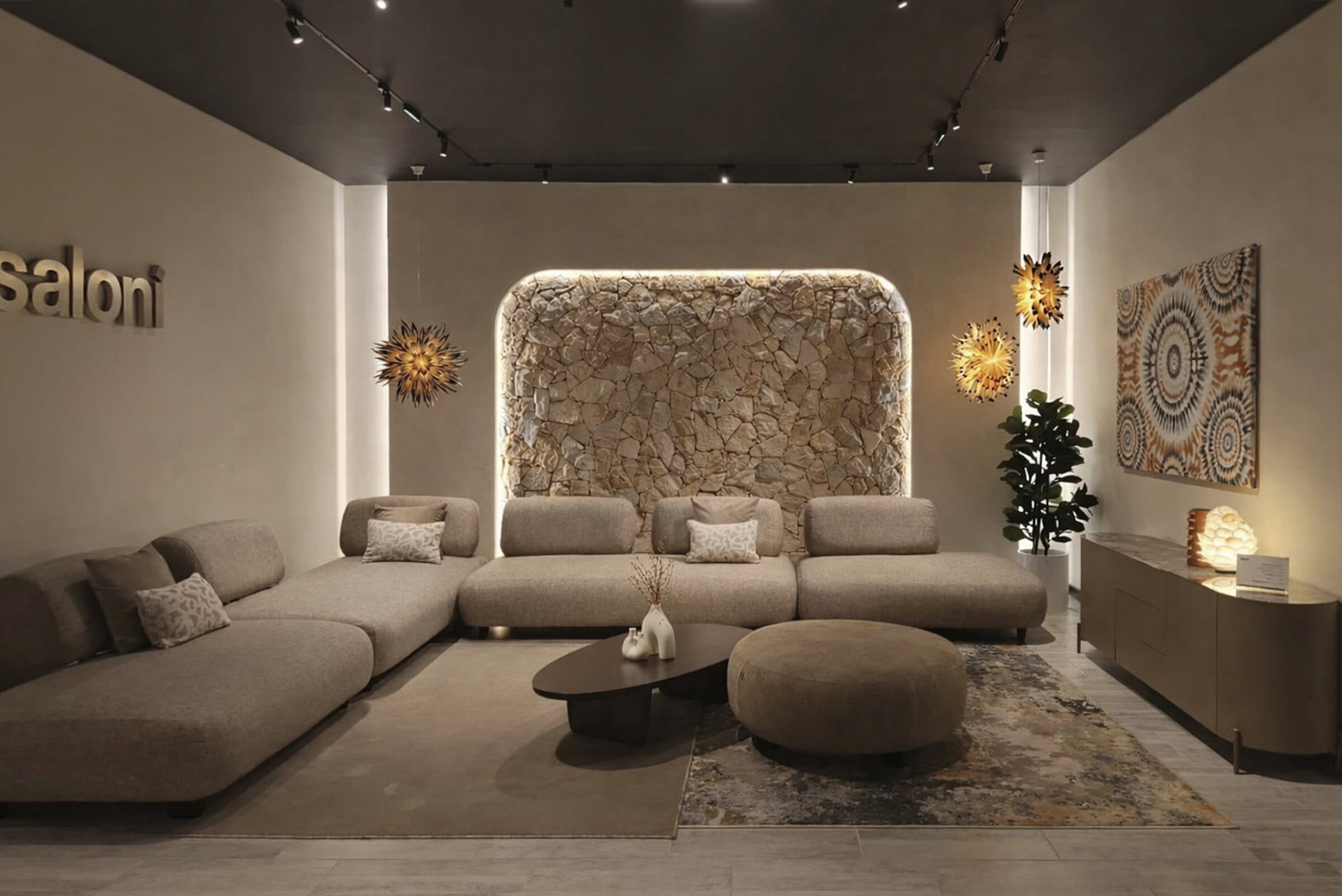 Elegant modern living room featuring plush beige sofas, stylish decor, and ambient lighting from Saloni Furniture. Perfect for contemporary home interiors and cozy gatherings.