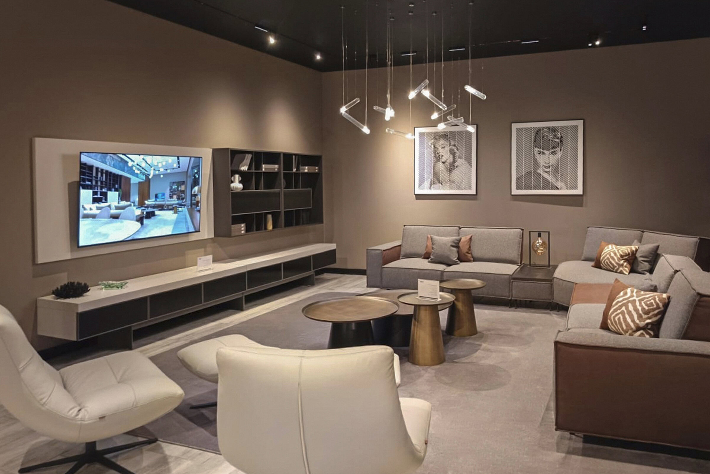 Elegant living room featuring contemporary Saloni Furniture pieces, including plush sofas, stylish coffee tables, and sleek entertainment units, creating a cozy and sophisticated ambiance.